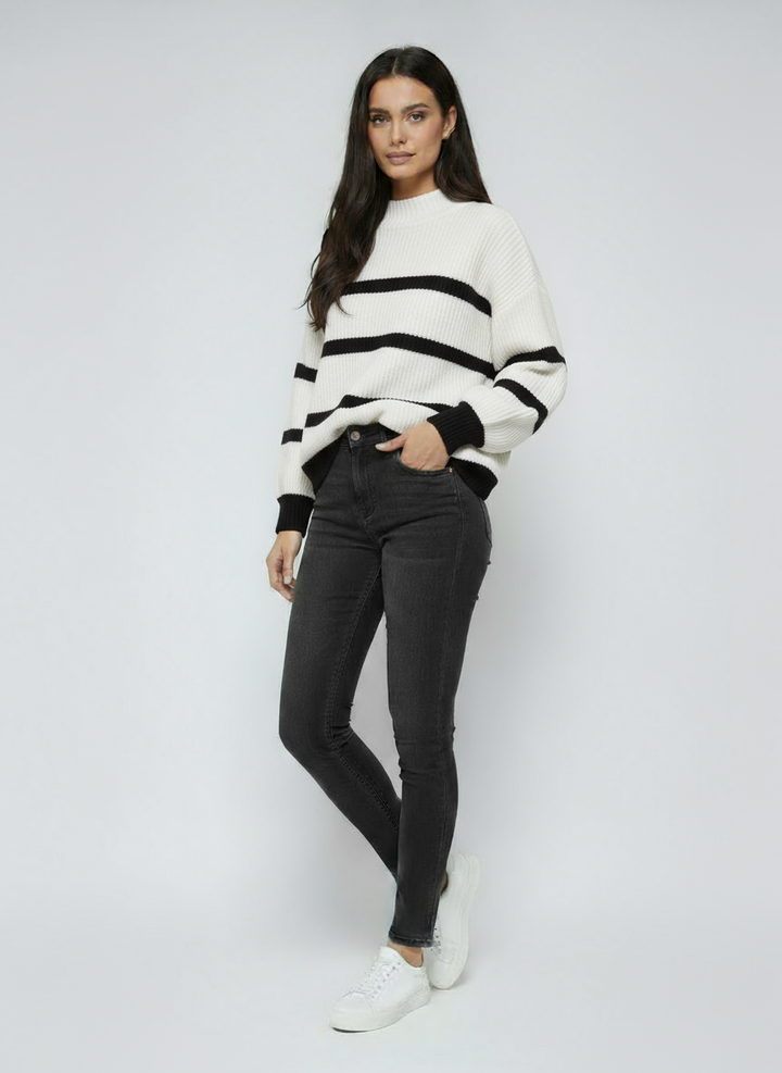 Women's Striped Sweater | Thick Oversized Turtleneck with Long Sleeves