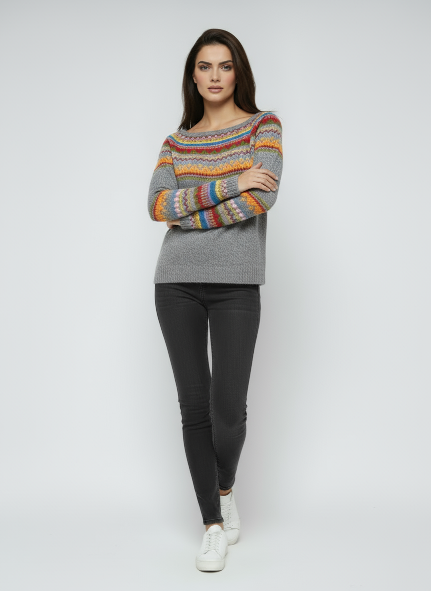 Women's Wool Sweater | Gray Sweater with Colorful Pattern and Round Neck