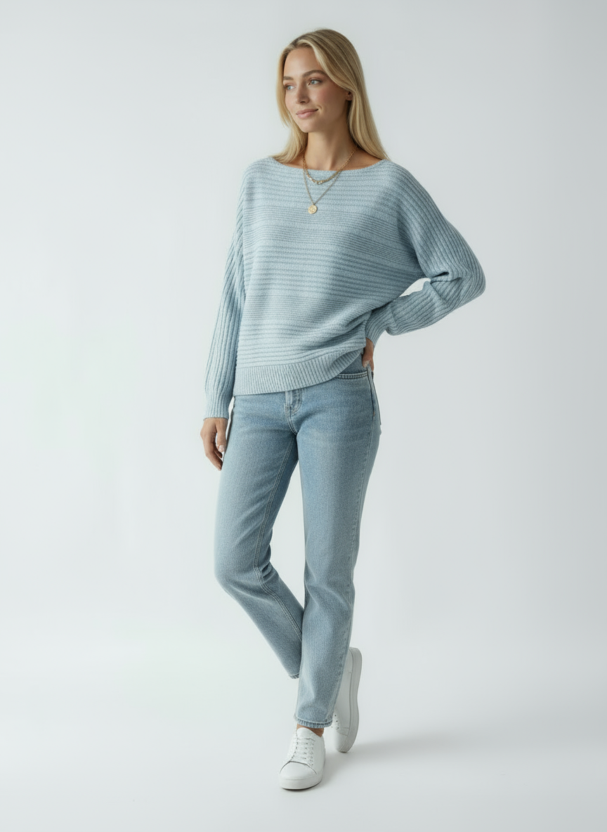 Women's Blue Sweater | Loose Sweater with Delicate Stripes and Boat Neck