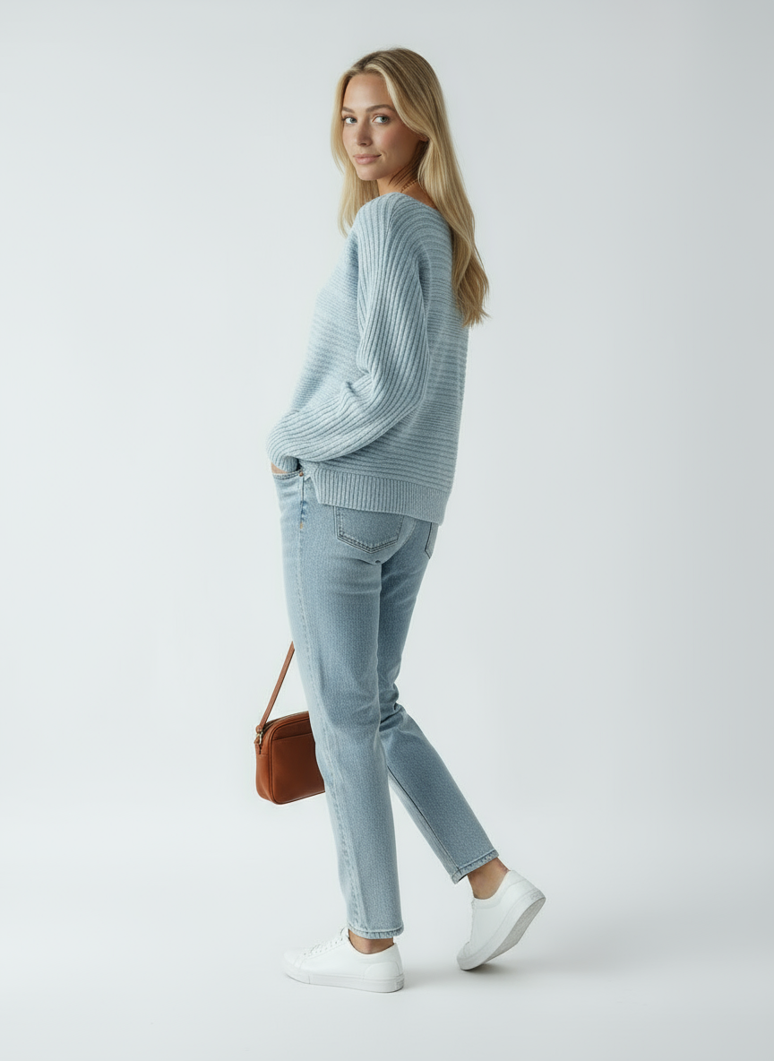 Women's Blue Sweater | Loose Sweater with Delicate Stripes and Boat Neck