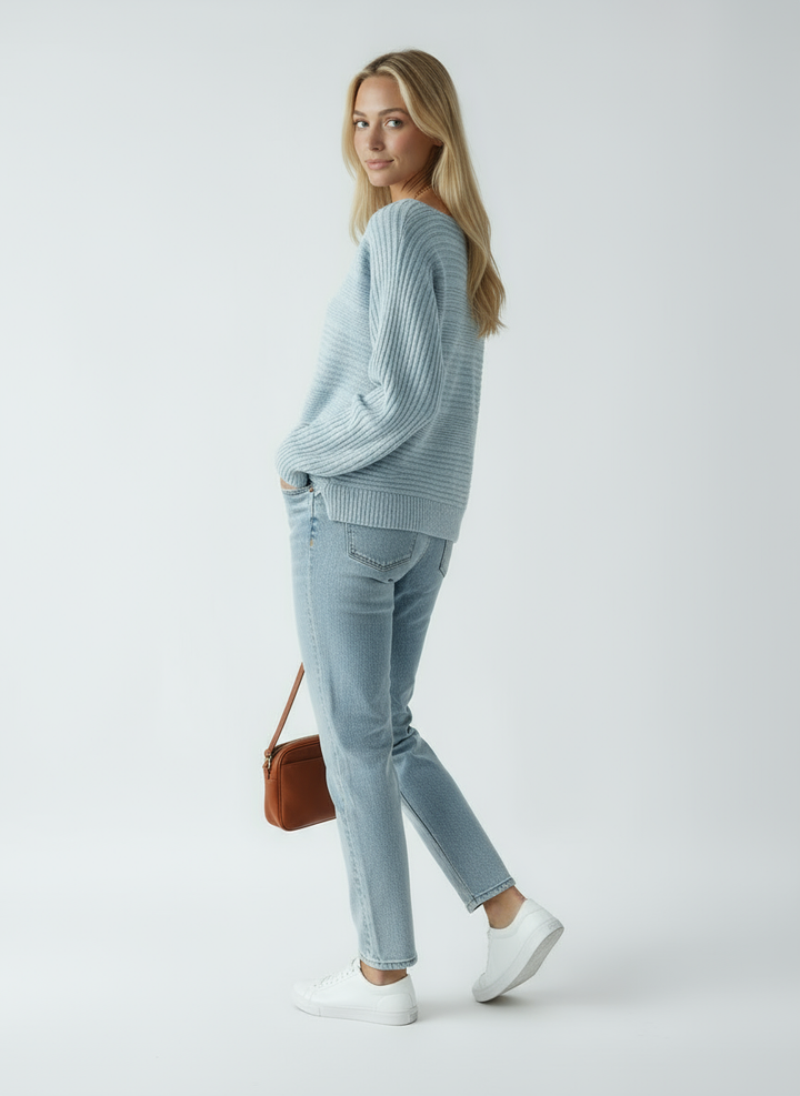 Women's Blue Sweater | Loose Sweater with Delicate Stripes and Boat Neck