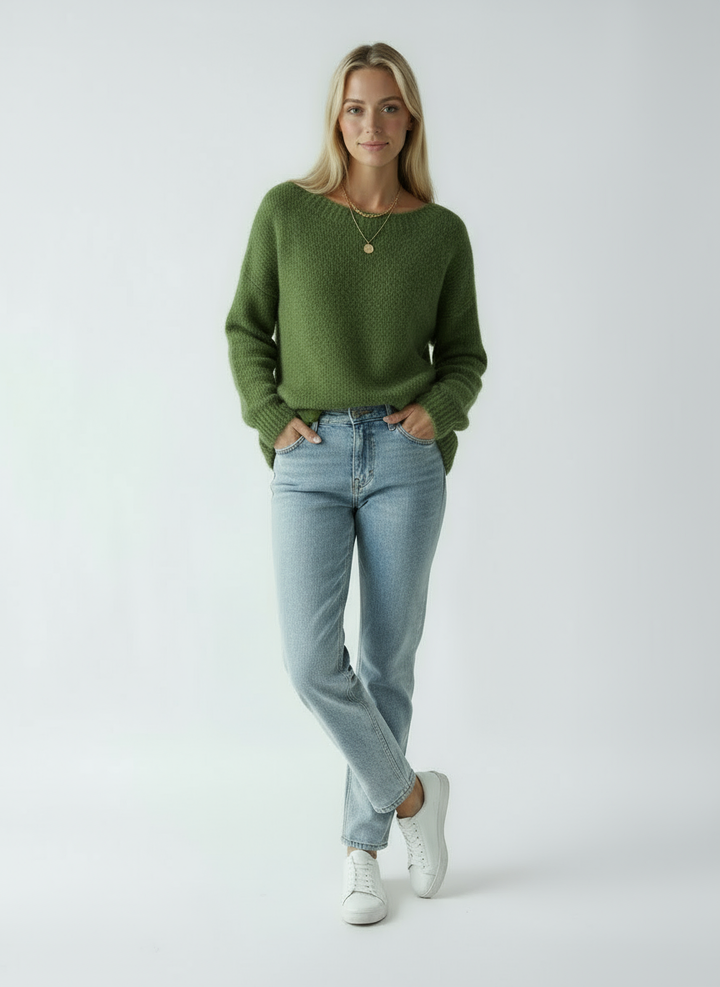 Women's Green Sweater | Soft Knit Sweater with Round Neck