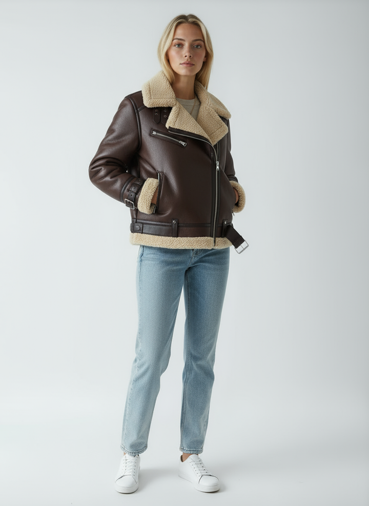 Women's Leather Jacket | Biker with Shearling and Straps