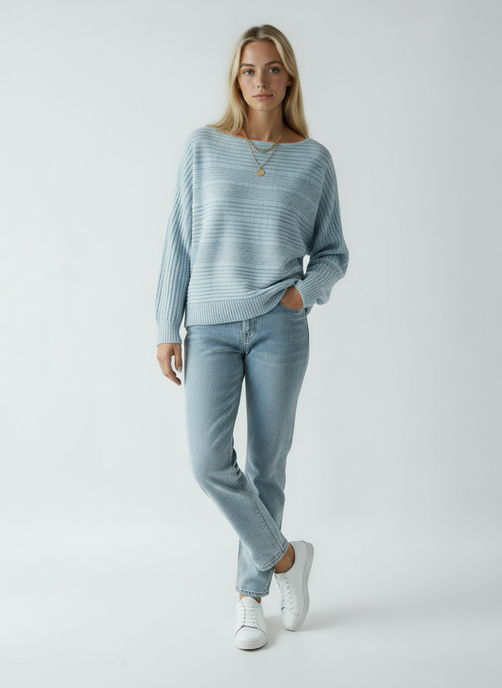 Women's Blue Sweater | Loose Sweater with Delicate Stripes and Boat Neck