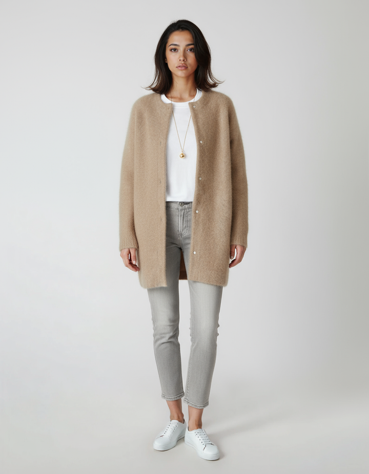 Women's Cardigan | Long Wool Sweater with Button Closure