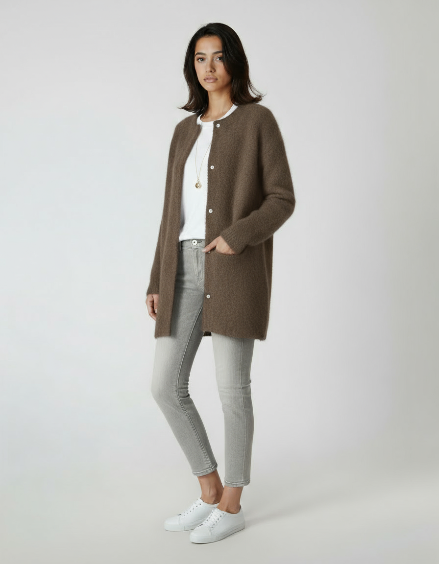 Women's Cardigan | Long Wool Sweater with Button Closure