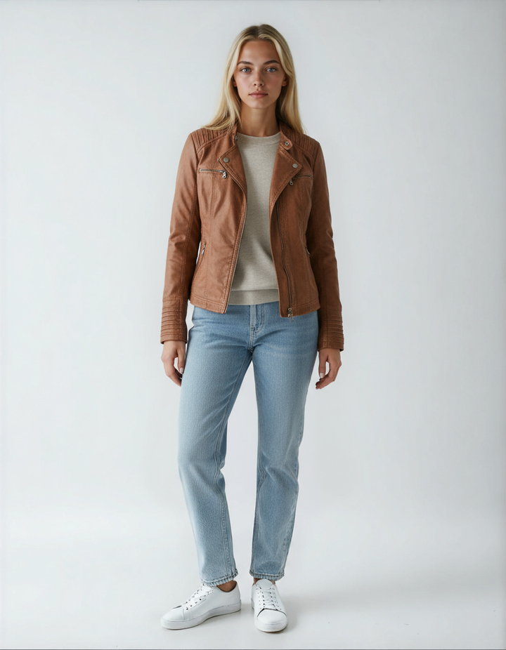 Women's Biker Jacket | Leather Jacket with Zippers and Stand-Up Collar