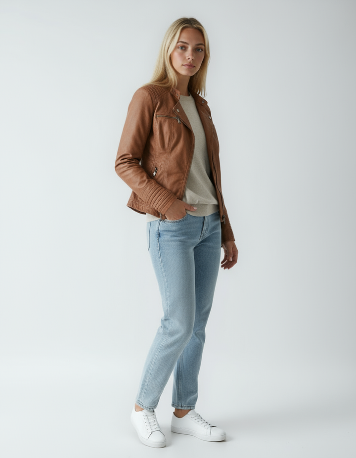 Women's Biker Jacket | Leather Jacket with Zippers and Stand-Up Collar