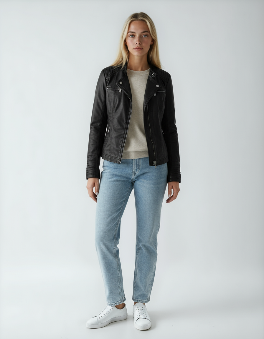 Women's Biker Jacket | Leather Jacket with Zippers and Stand-Up Collar
