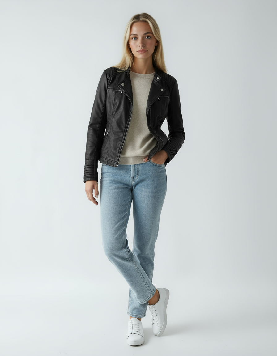 Women's Biker Jacket | Leather Jacket with Zippers and Stand-Up Collar