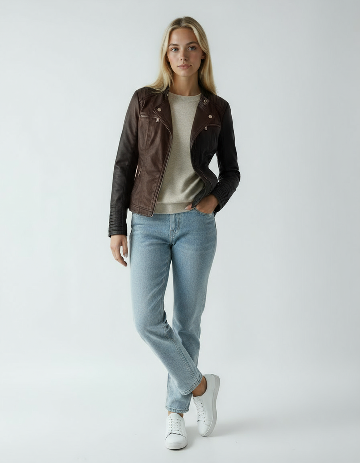 Women's Biker Jacket | Leather Jacket with Zippers and Stand-Up Collar