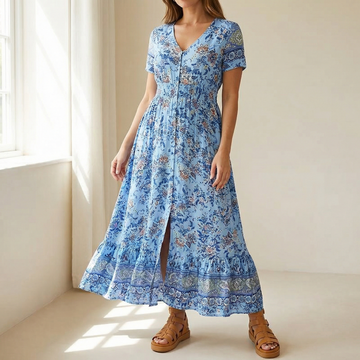 Women's Maxi Floral Dress with V-Neck and Short Sleeves