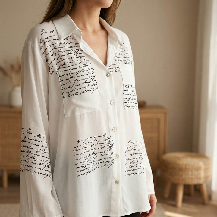 Women's shirt with pockets and handwritten print, button-up