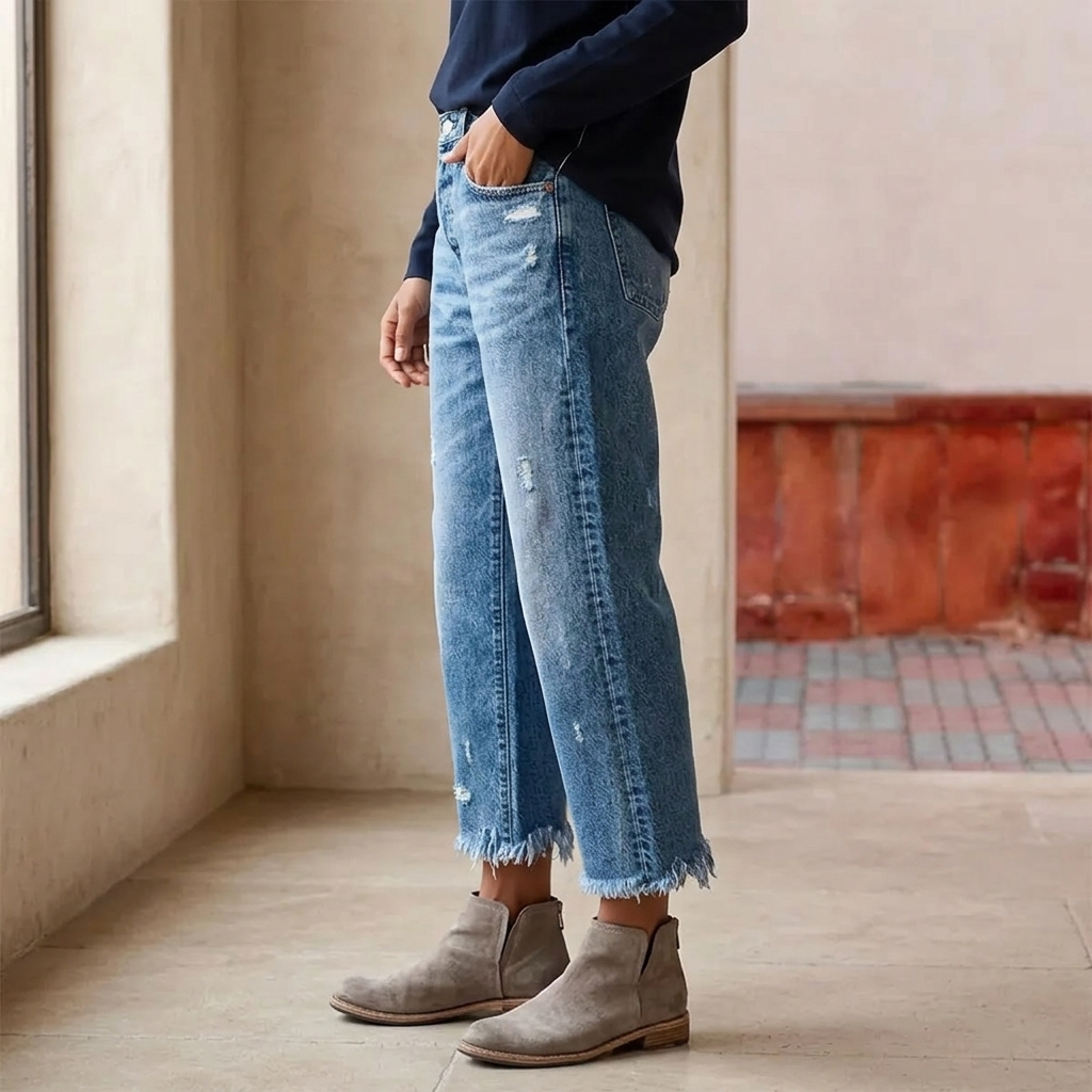 Vivara™ – Vintage-inspired Cropped Straight Leg Jeans with Fringes
