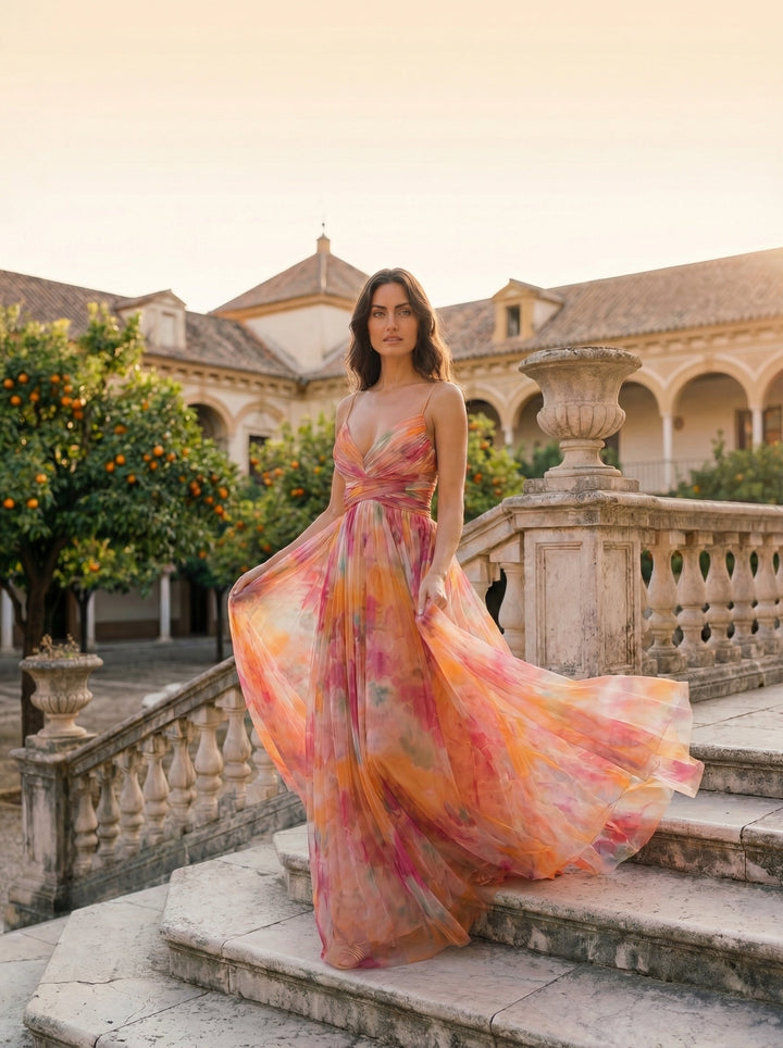 Boho Watercolor Maxi Dress with V-Neck
