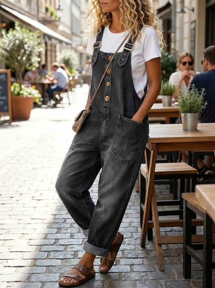 Rocio™ - Casual denim jumpsuit with adjustable buckle.