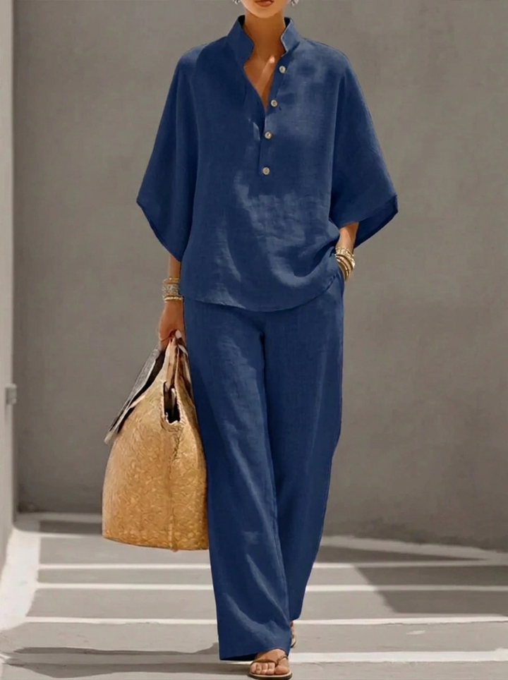 Maribel™ | Linen set with batwing sleeves and wide pants