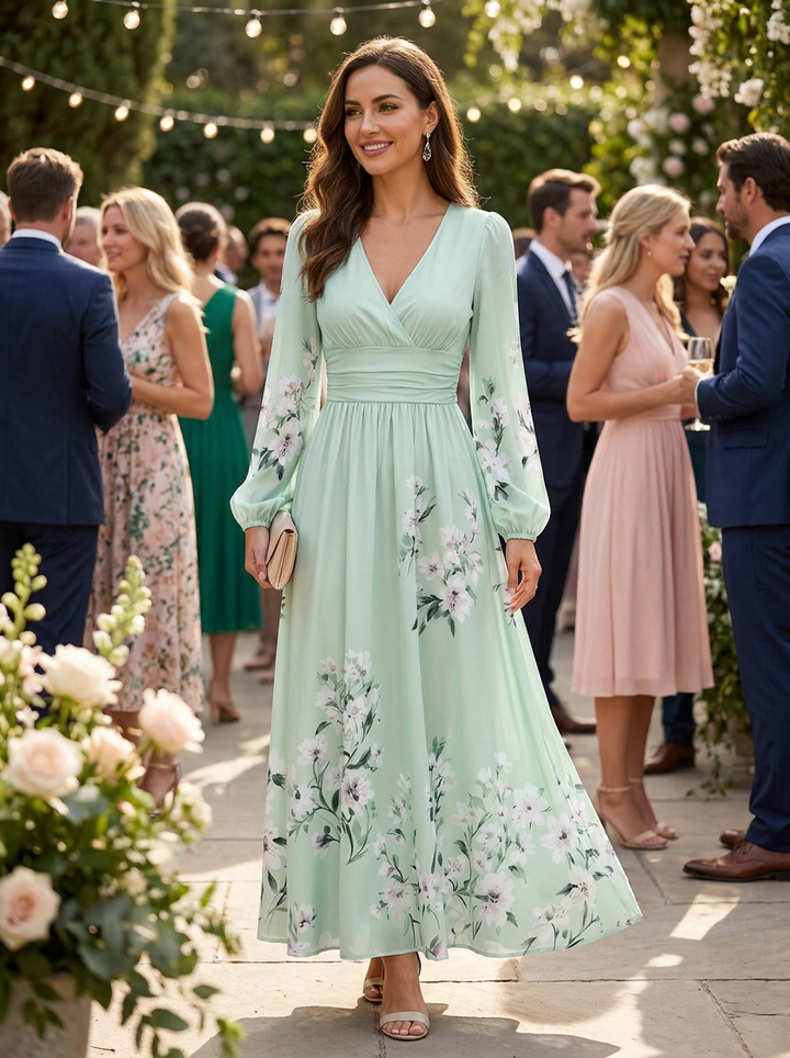 Emma™ | Mint Green Floral Pleated Maxi Dress