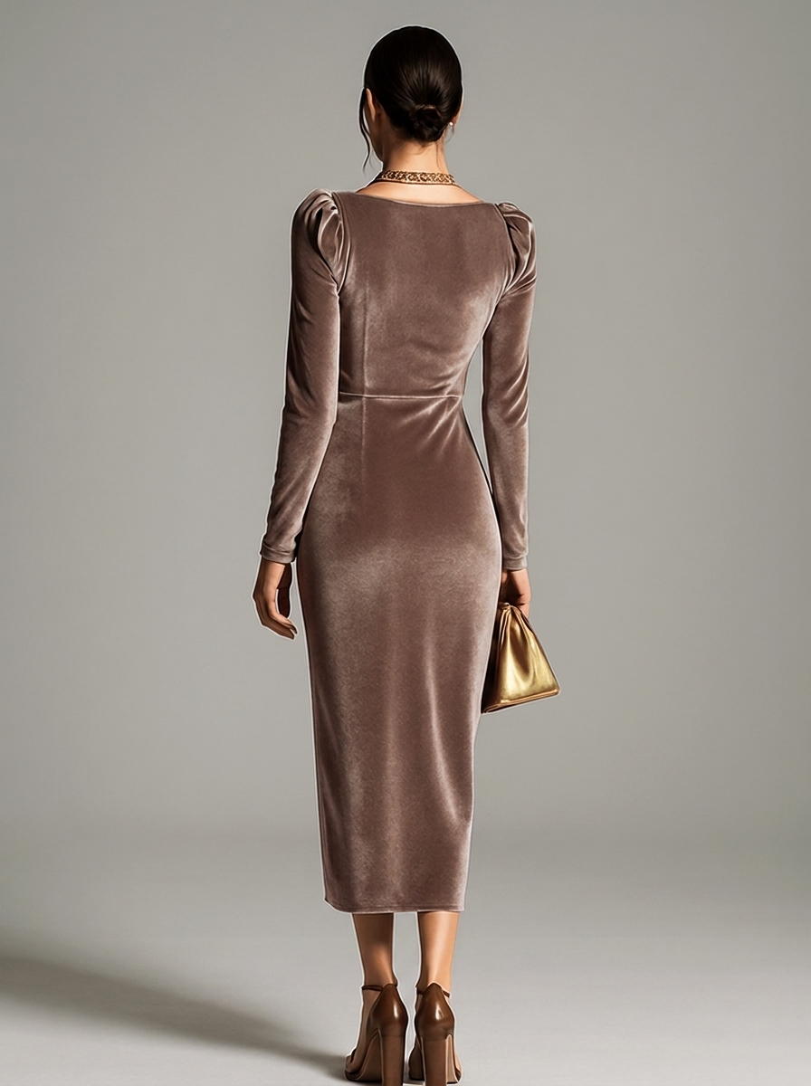 Fayola | Fitted Velvet Dress with a Button at the Waist