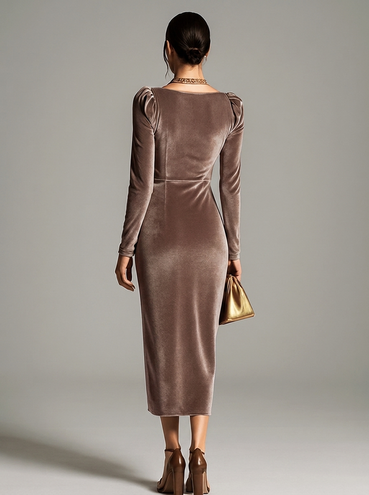Fayola | Fitted Velvet Dress with a Button at the Waist