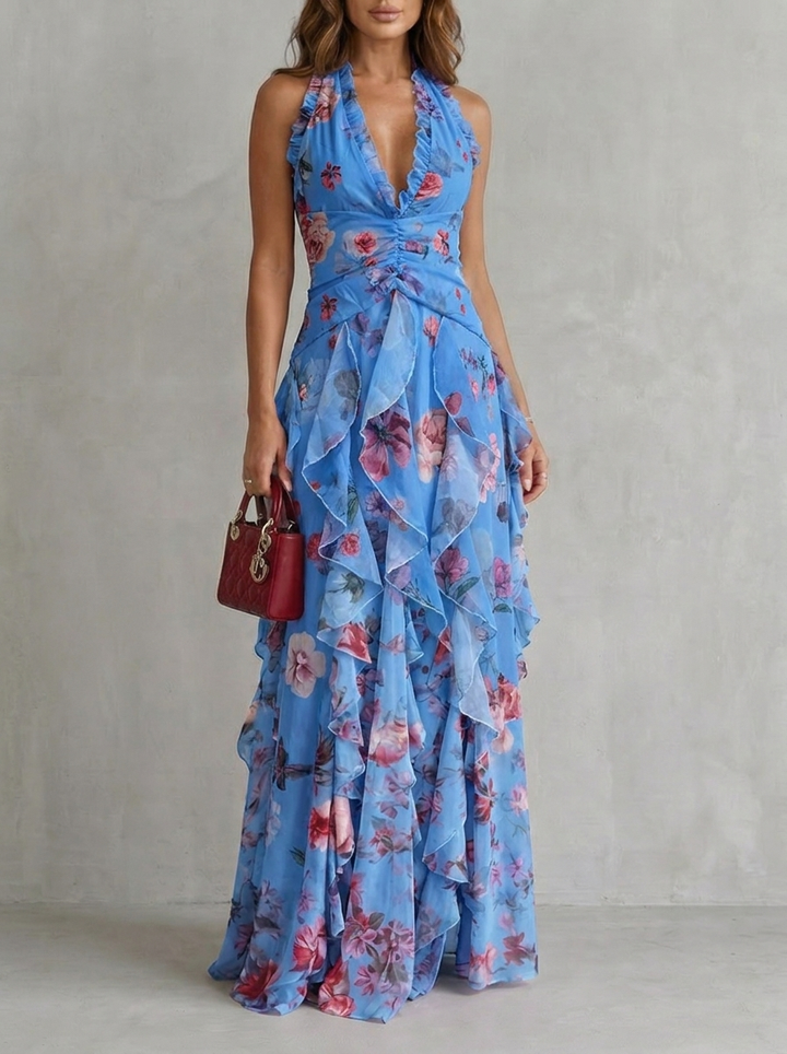 Belladina Enchanting Rose Cascade Halter Maxi Dress