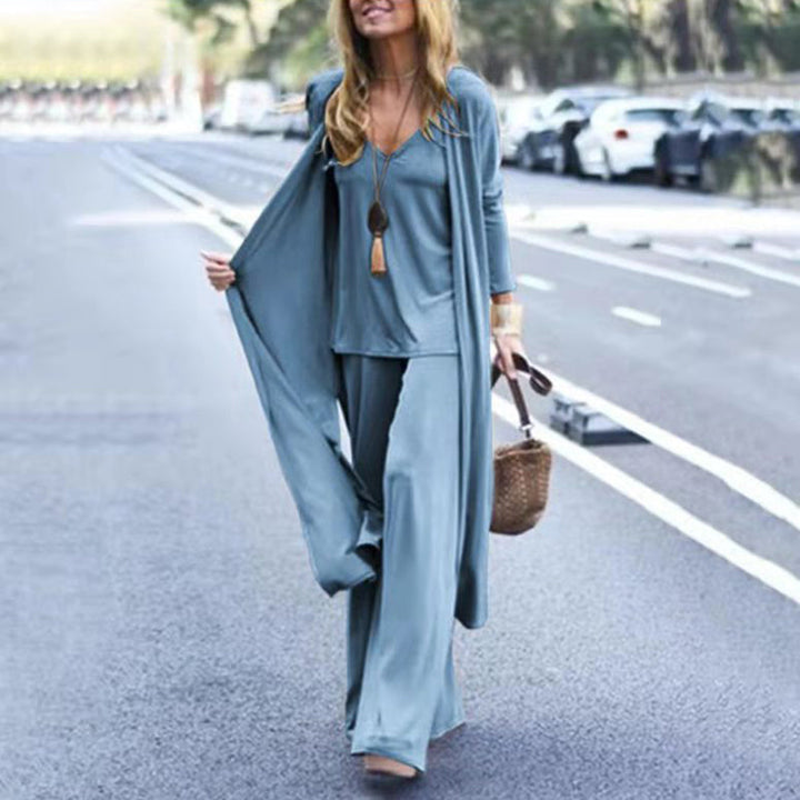Women’s Elegant Three-Piece Set with Long Cardigan, Top and Wide Leg Pants