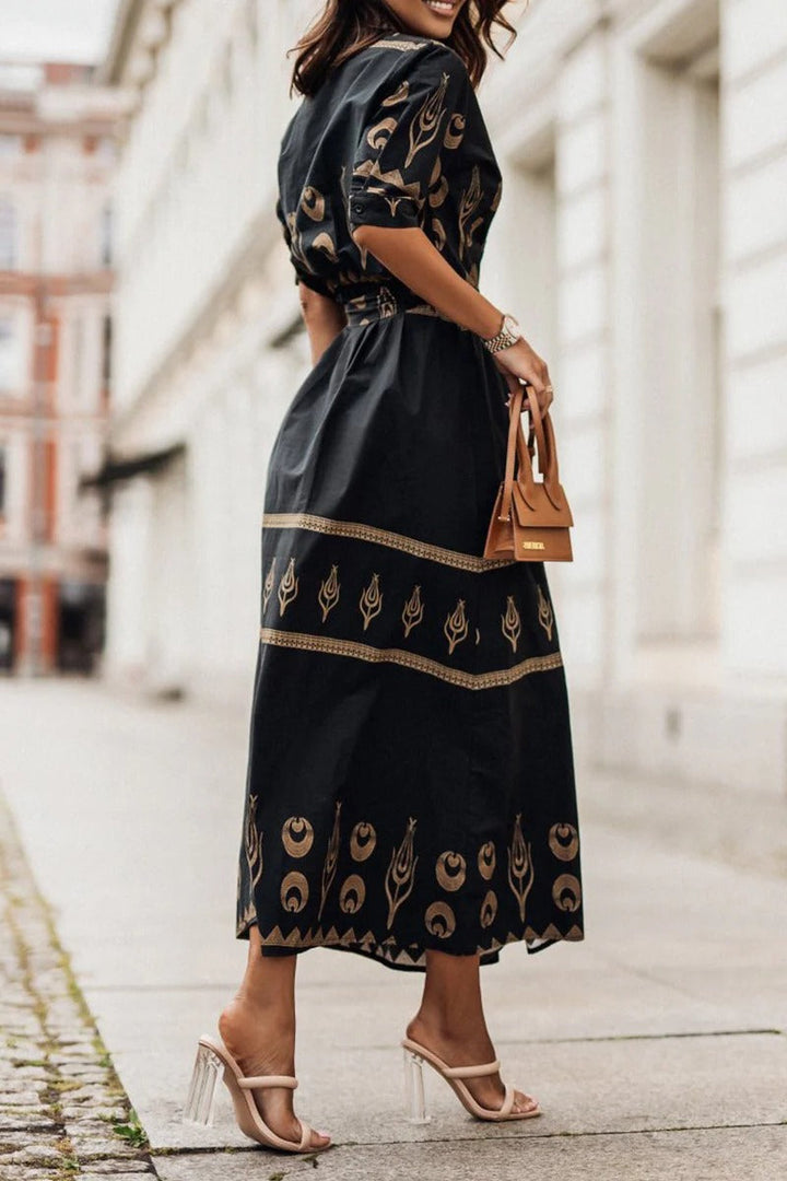 Kaitlyn  | Women's Boho Printed Belted Long Sleeve Midi Dress