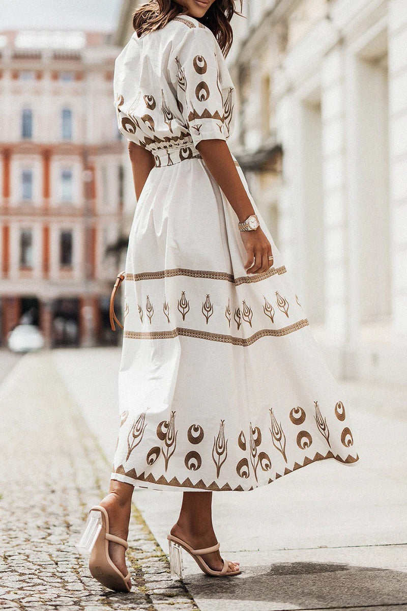 Kaitlyn  | Women's Boho Printed Belted Long Sleeve Midi Dress