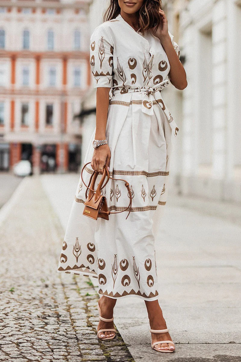 Kaitlyn  | Women's Boho Printed Belted Long Sleeve Midi Dress