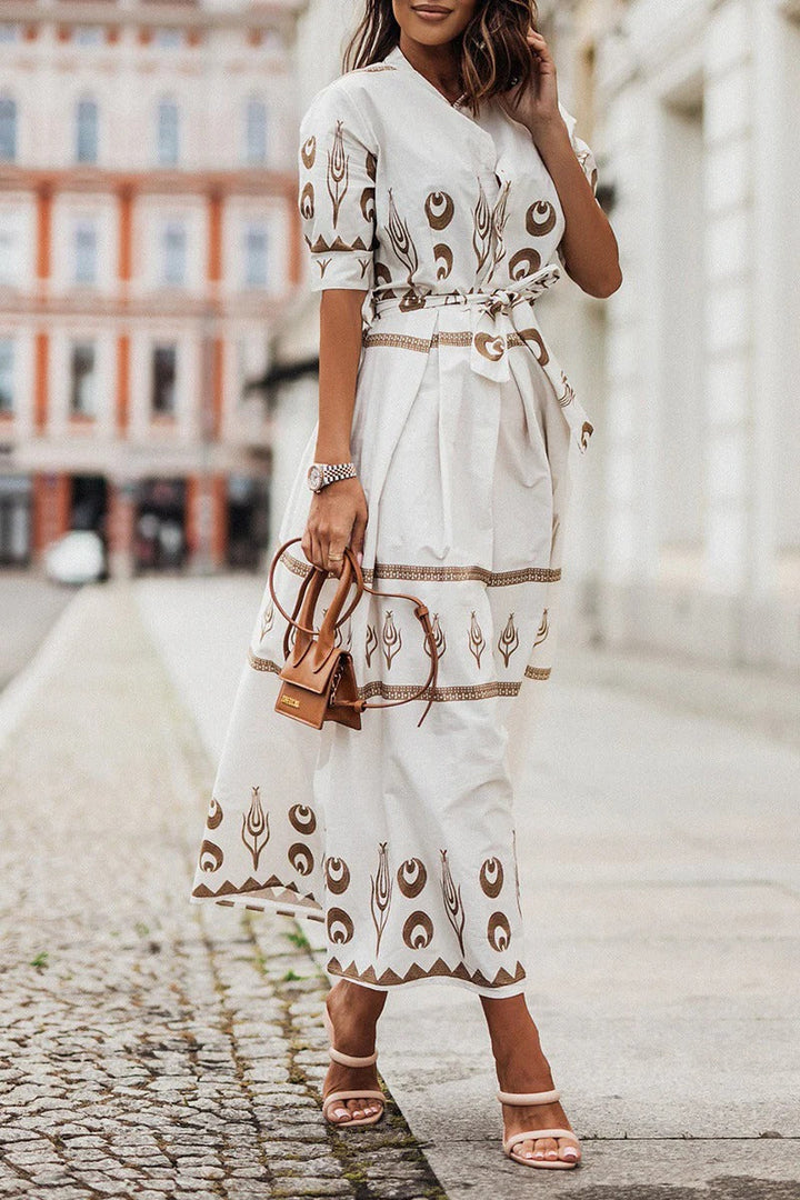 Kaitlyn  | Women's Boho Printed Belted Long Sleeve Midi Dress