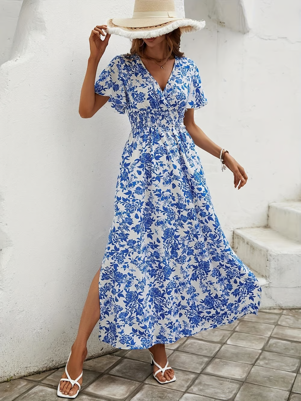 Hailey | Women's Boho Printed V Neck Short Sleeve Maxi Dress