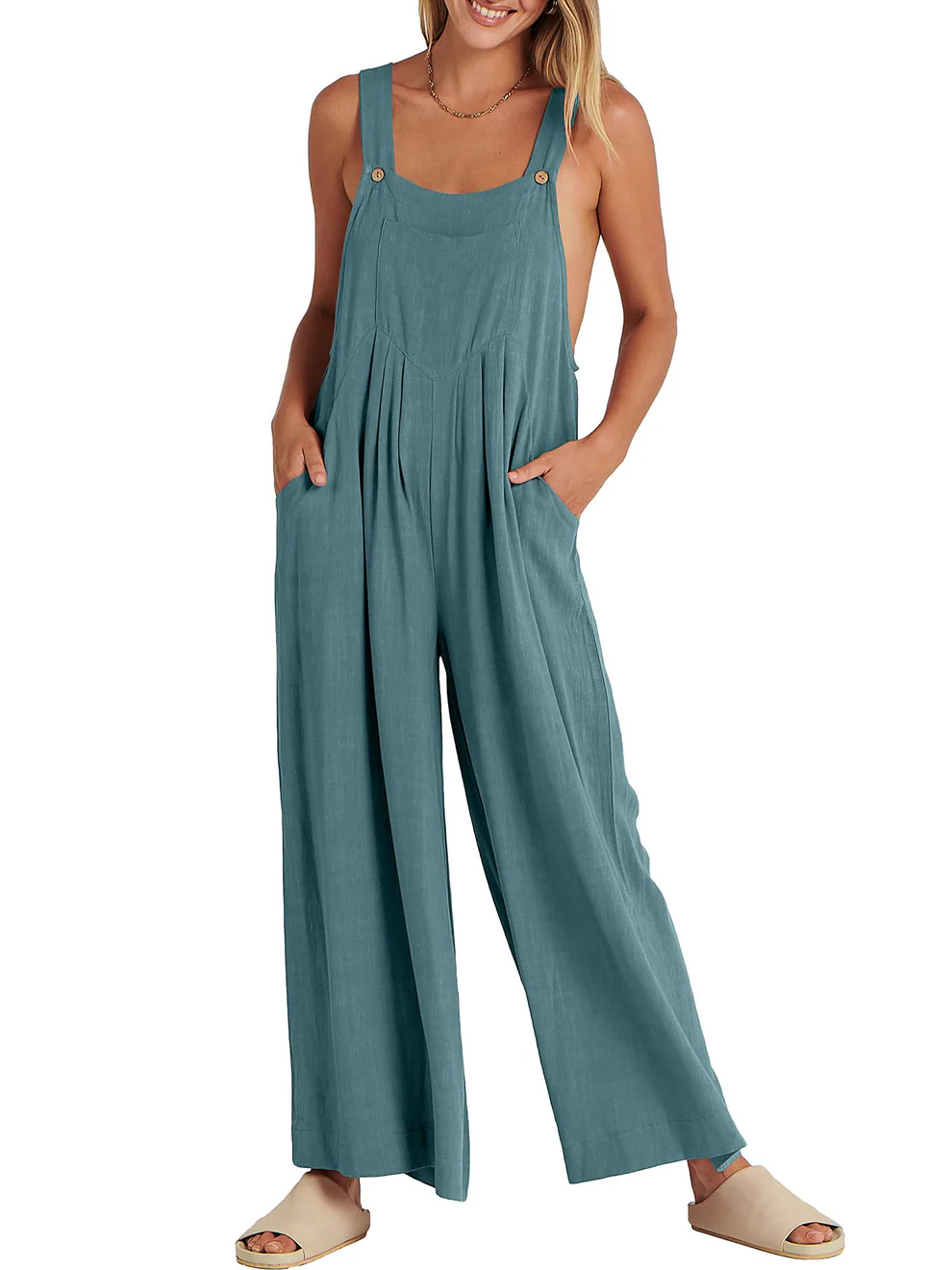 Nina | Comfortable Solid Button-Strap Relaxed Jumpsuit