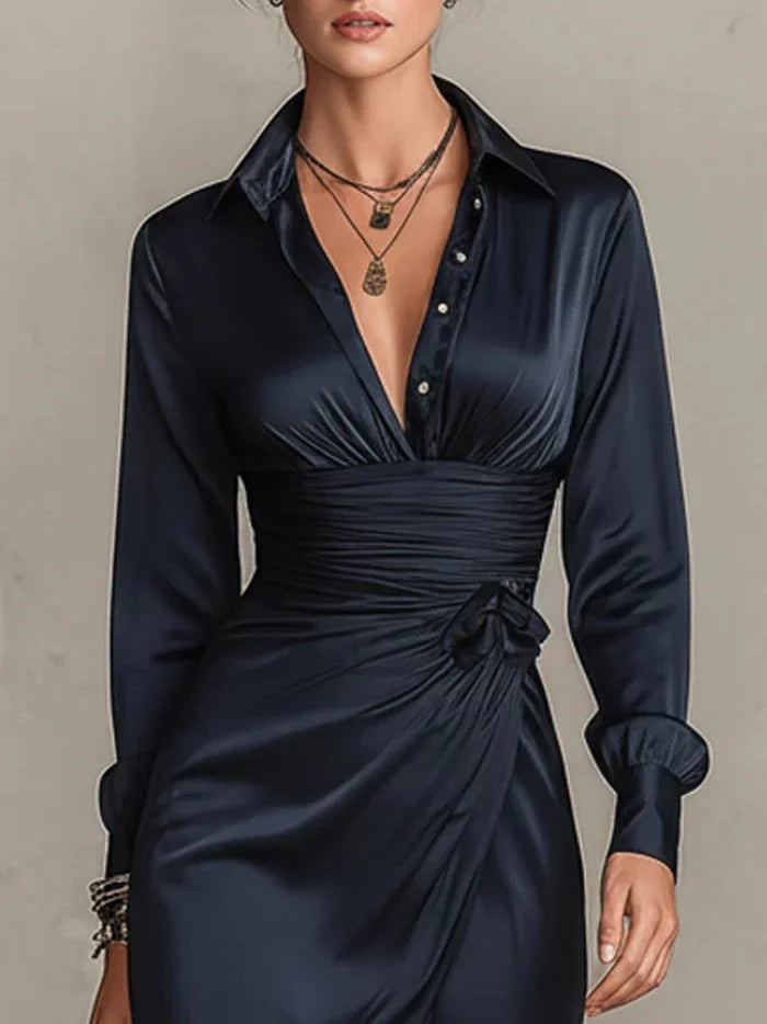 Navy Satin Mini Dress with Collar and Pleated Tie