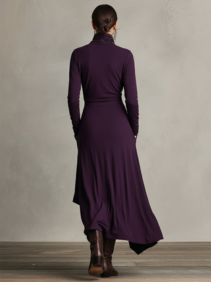 Women's Bohemian Cotton Stretch Turtleneck Asymmetrical Maxi Dress