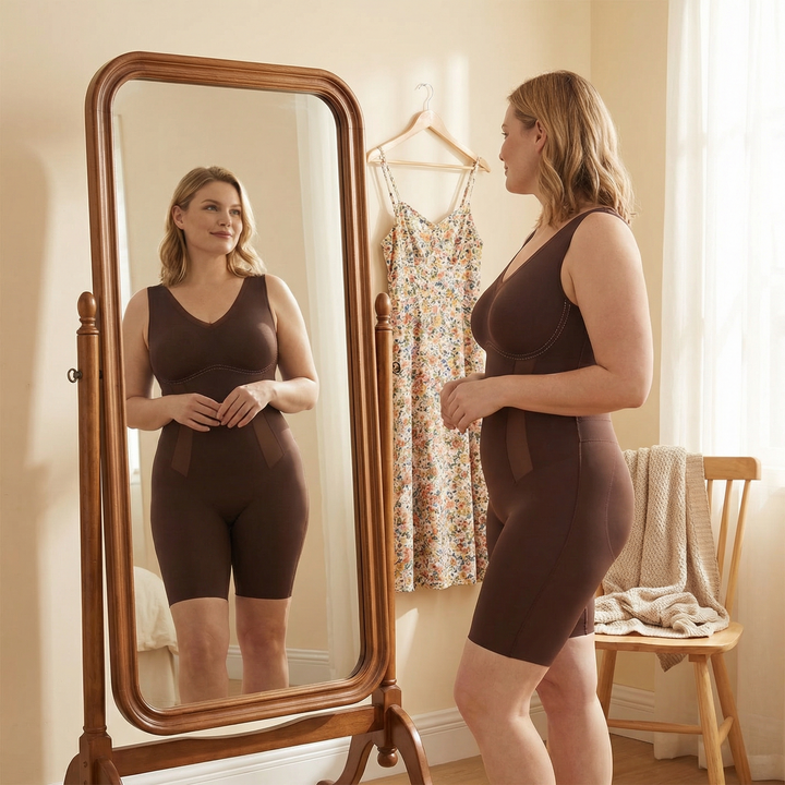 Women's shaping bodysuit without sleeves with a V-neck that slims