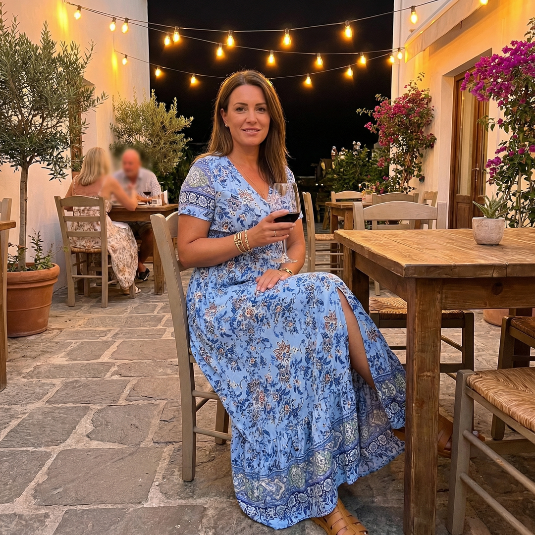Women's Maxi Floral Dress with V-Neck and Short Sleeves