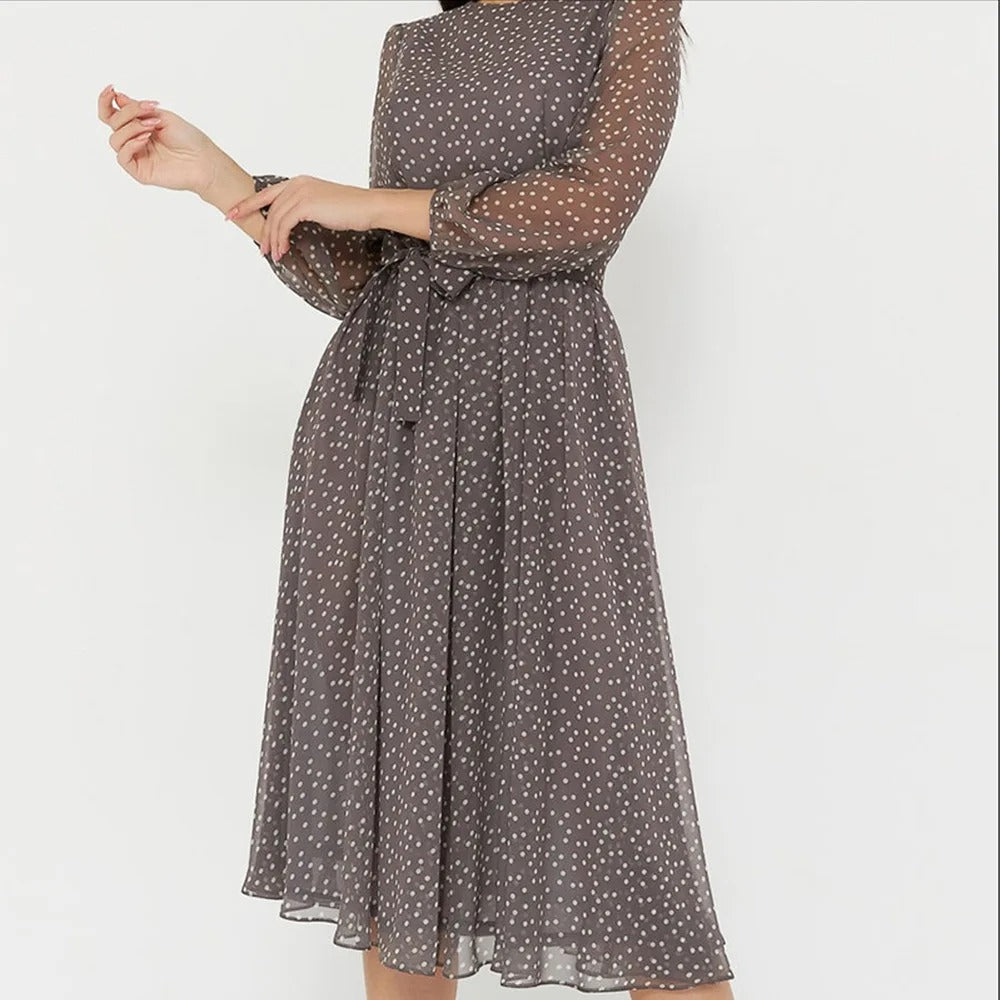 Women’s Elegant Long Sleeve Midi Dress with Waist Tie