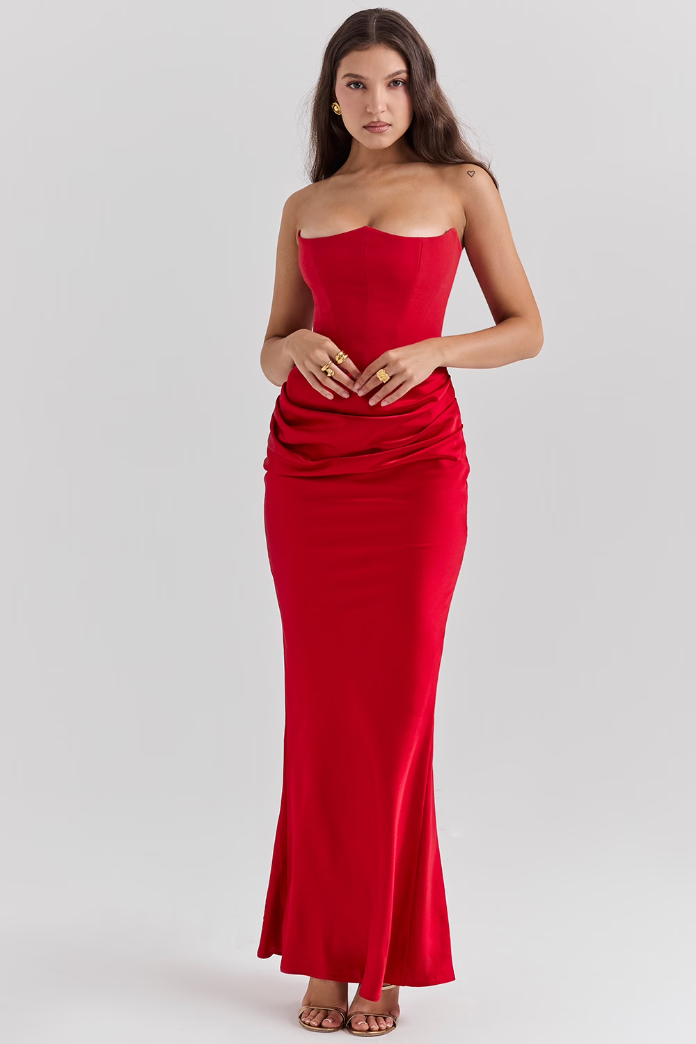 Women’s Elegant Strapless Maxi Dress with Ruched Waist
