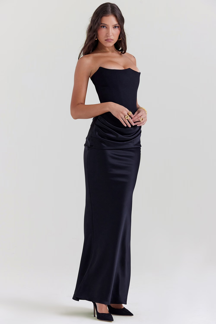 Women’s Elegant Strapless Maxi Dress with Ruched Waist
