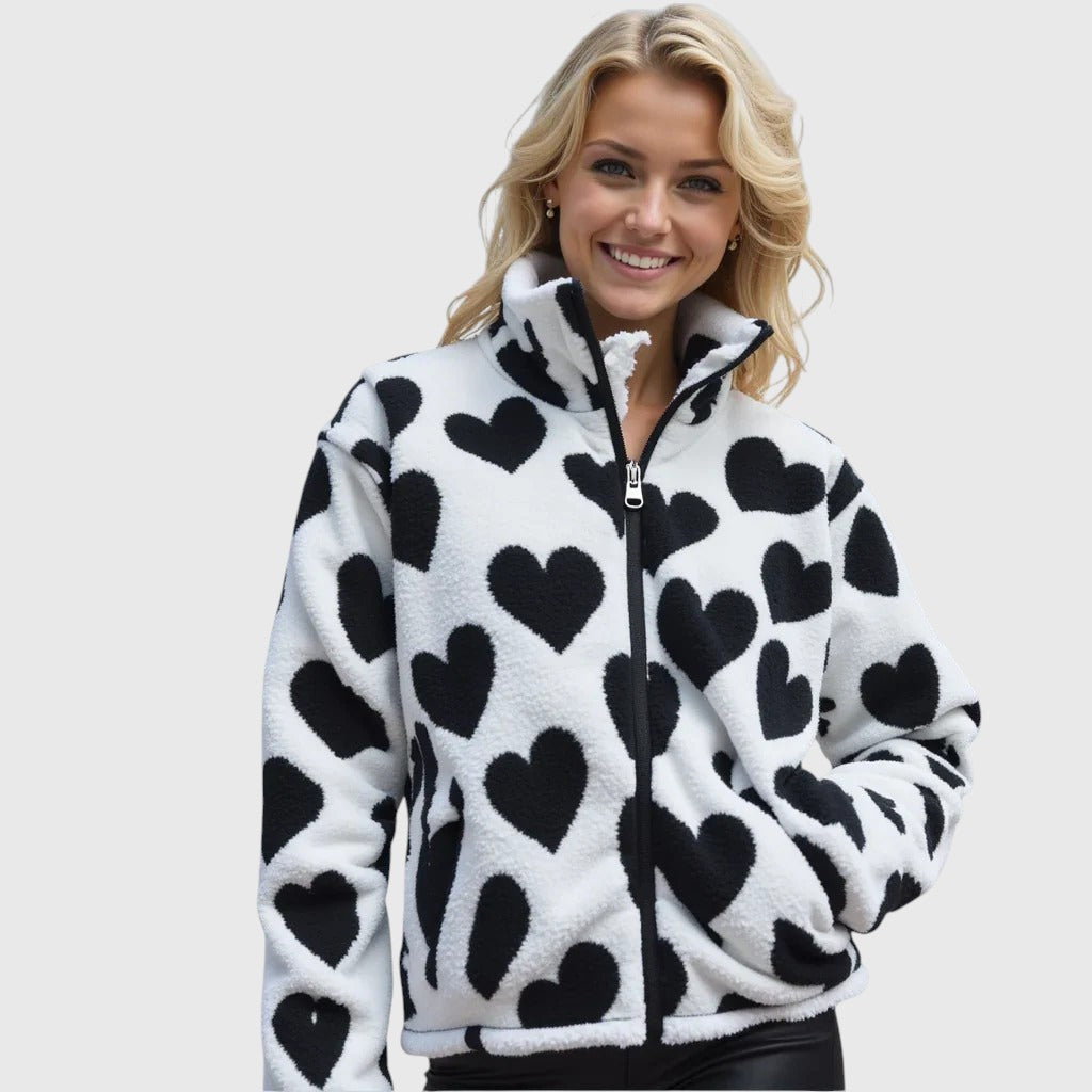 Women's Fleece Jacket with Zipper and Heart Pattern