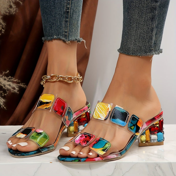 Olivia | Slide Sandals Multi-Strap Gemstone Block Heel Open Toe