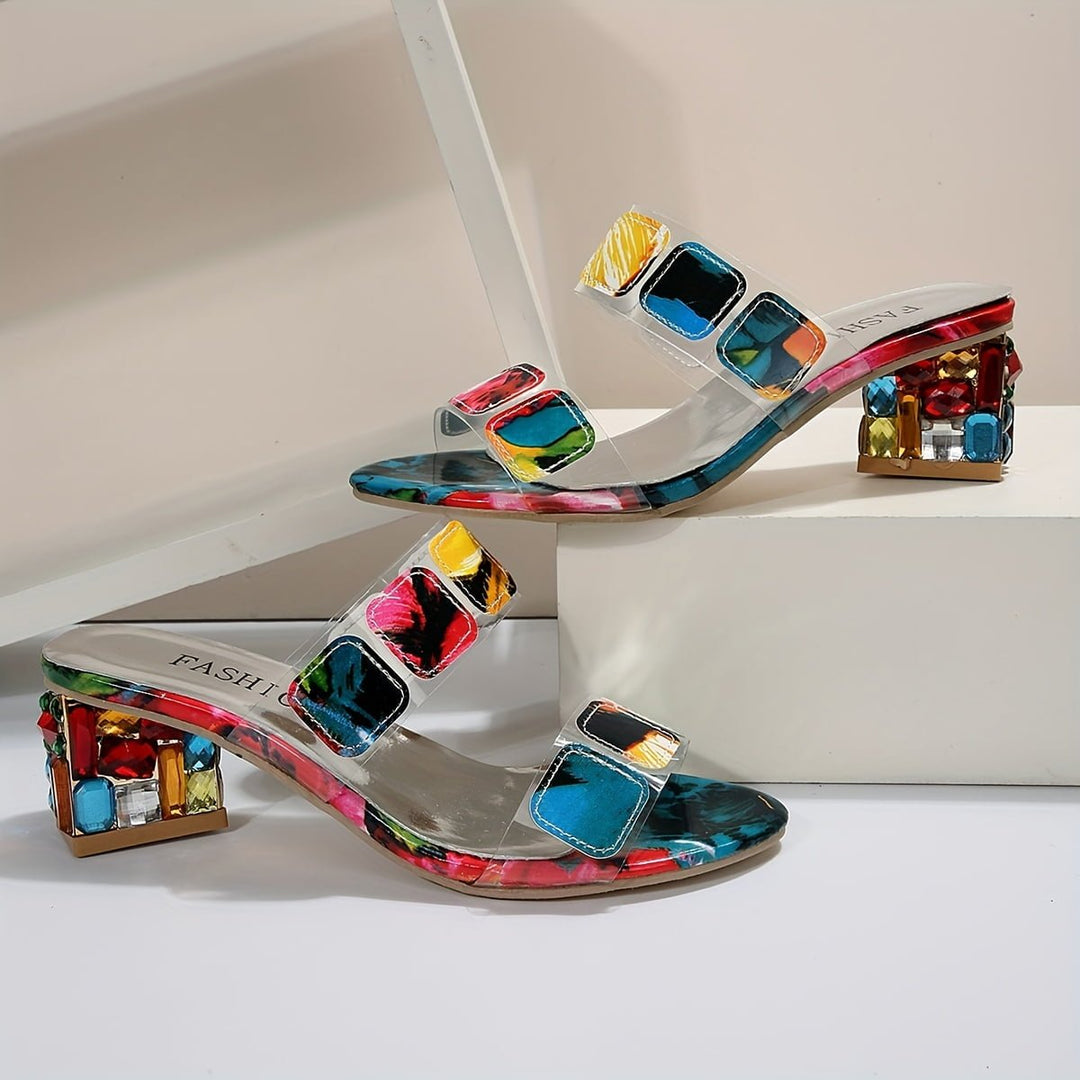 Olivia | Slide Sandals Multi-Strap Gemstone Block Heel Open Toe