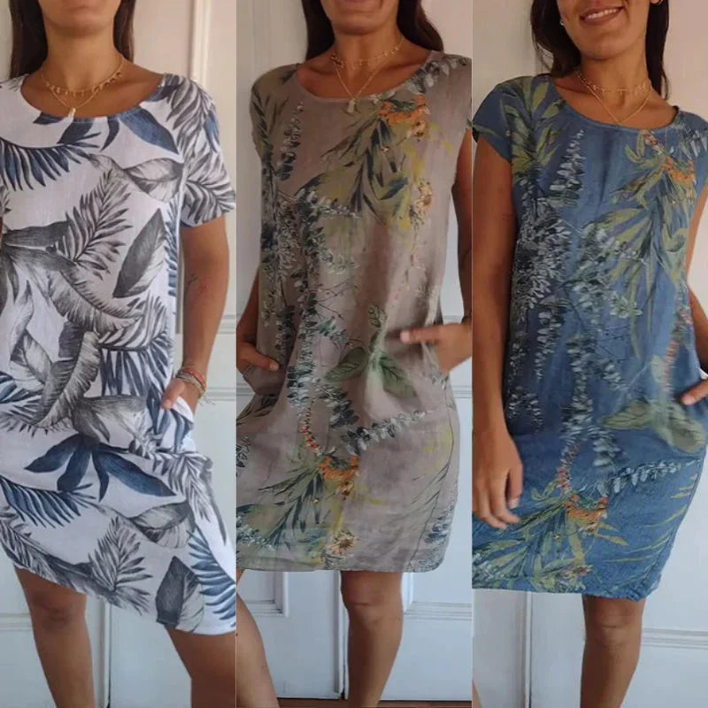 Teres | Round Neck Dress with Botanical Print