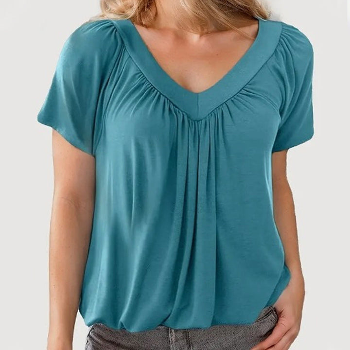 Livya | Stylish Top with Pleated V-Neck and Short Sleeves