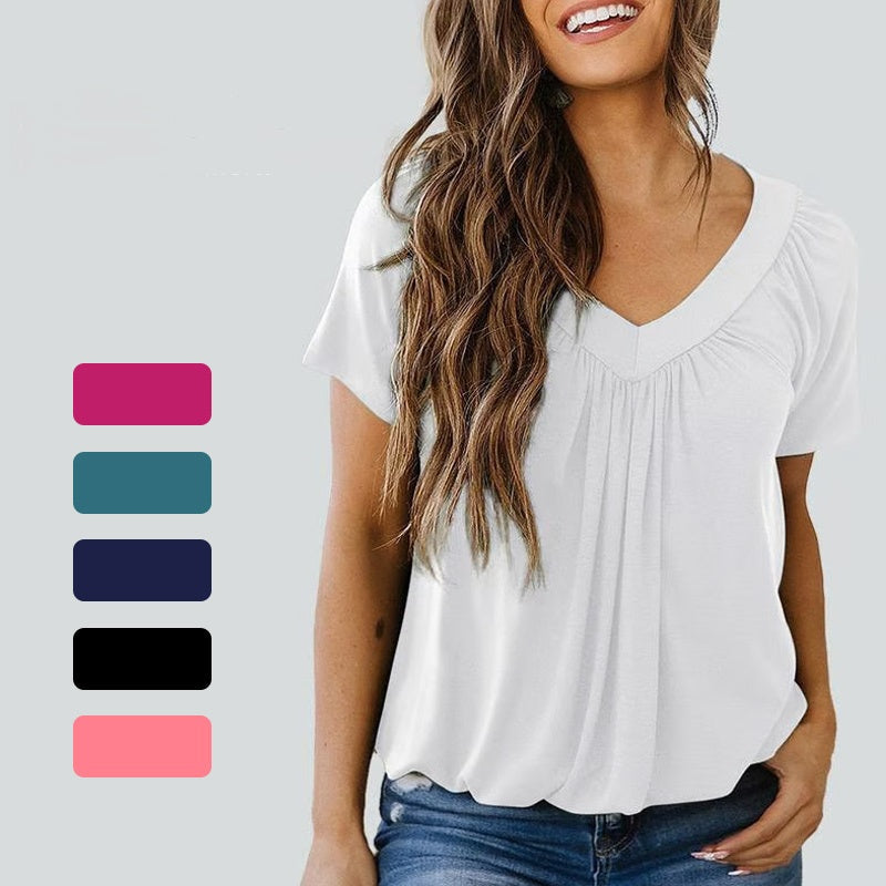 Livya | Stylish Top with Pleated V-Neck and Short Sleeves