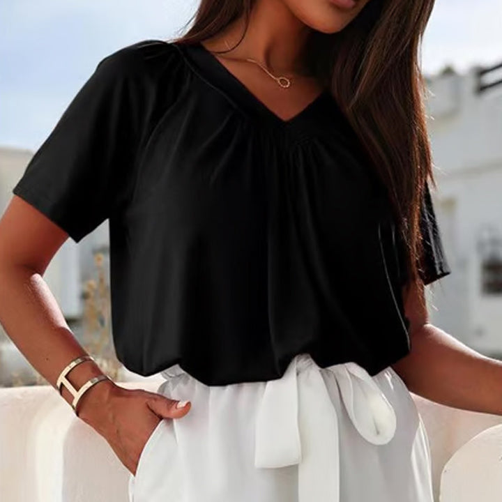 Livya | Stylish Top with Pleated V-Neck and Short Sleeves