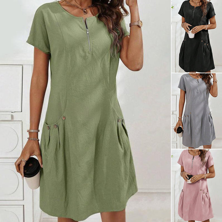 Women's Dress with Half Zipper and Button Pockets