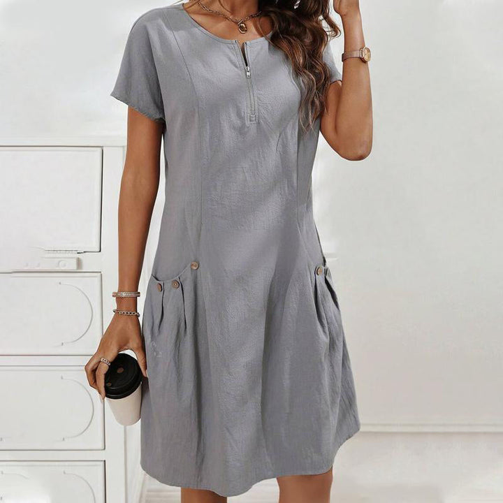 Women's Dress with Half Zipper and Button Pockets
