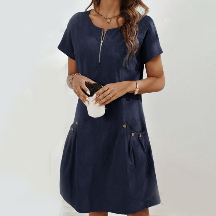 Women's Dress with Half Zipper and Button Pockets