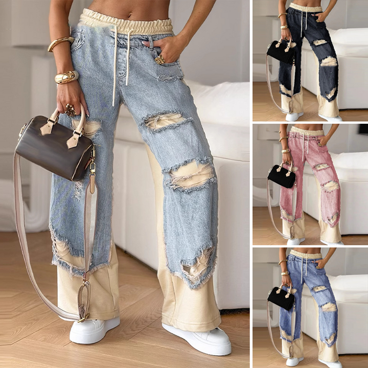 Patchwork Style Jeans with Elastic Drawstring